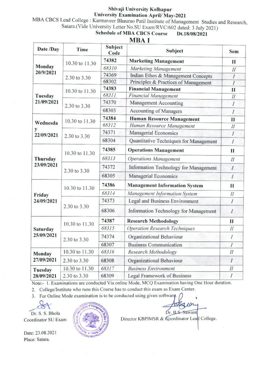MBA 1ST YEAR EXAMINATION TIME TABLE